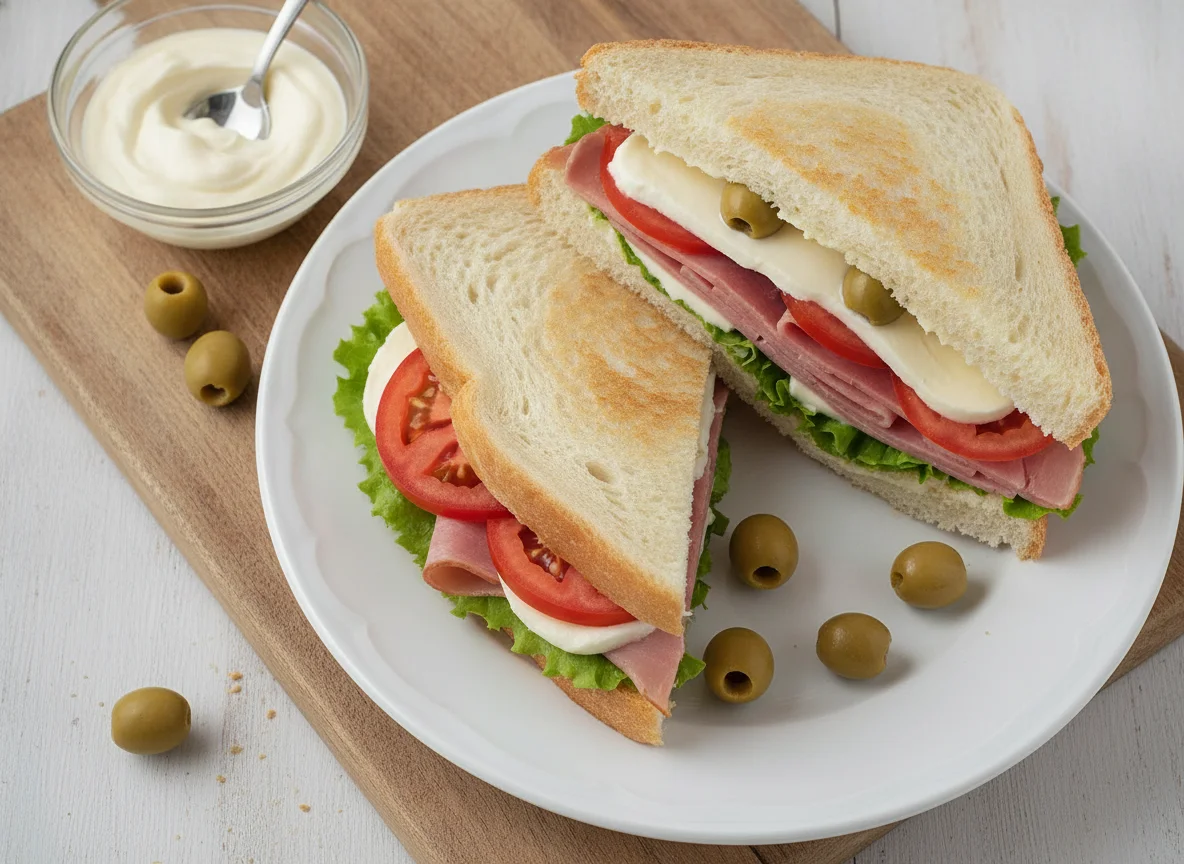 Sándwiches de jamón y queso con aceitunas photo