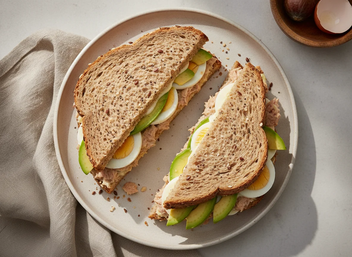 Sándwiches de pan integral con atún, huevo y aguacate photo