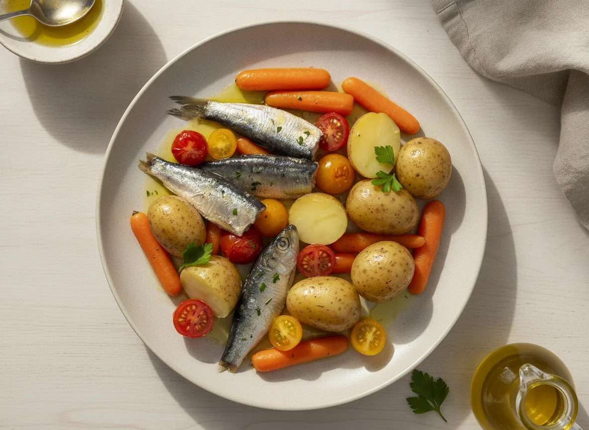 Sardinas con papas hervidas, zanahorias baby y tomates cherry photo