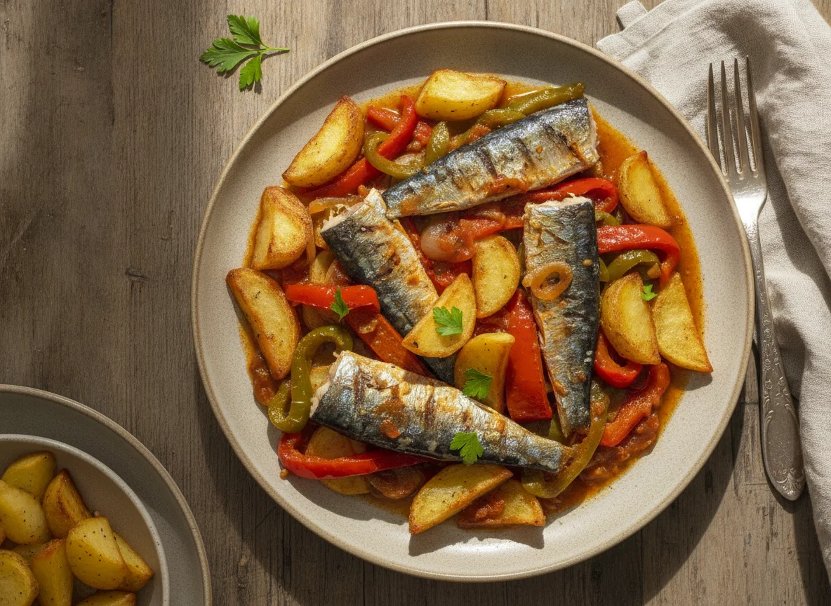 Sardinas con patatas y pimientos photo