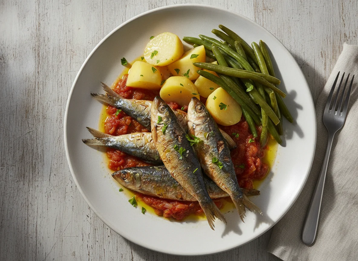 Sardinas con tomate y judías verdes con patatas photo