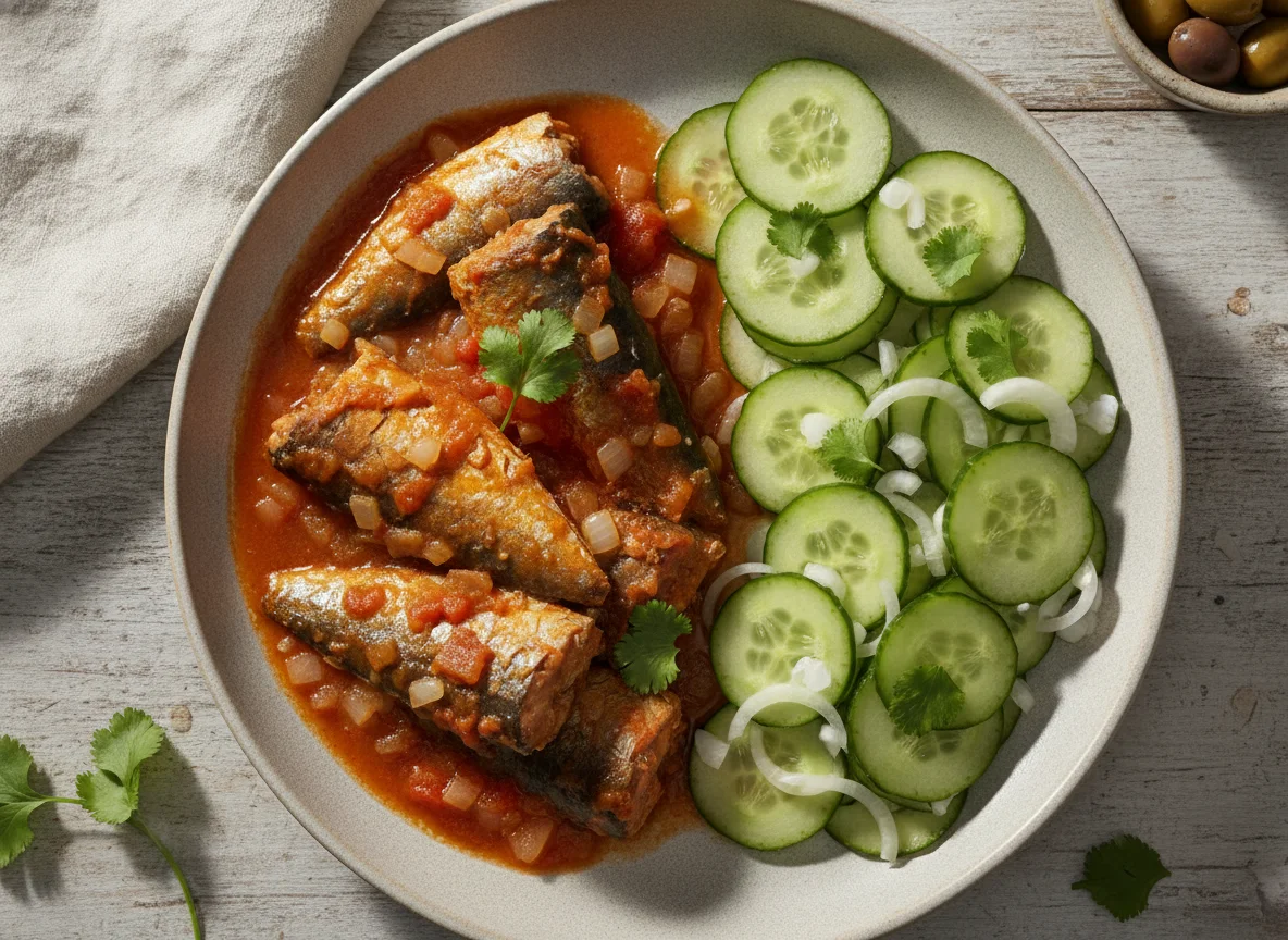 Sardinas guisadas con ensalada de pepino photo