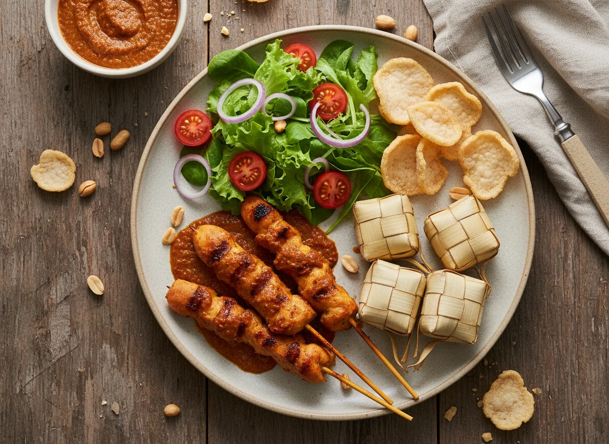 Satay de pollo con pastel de arroz y ensalada photo