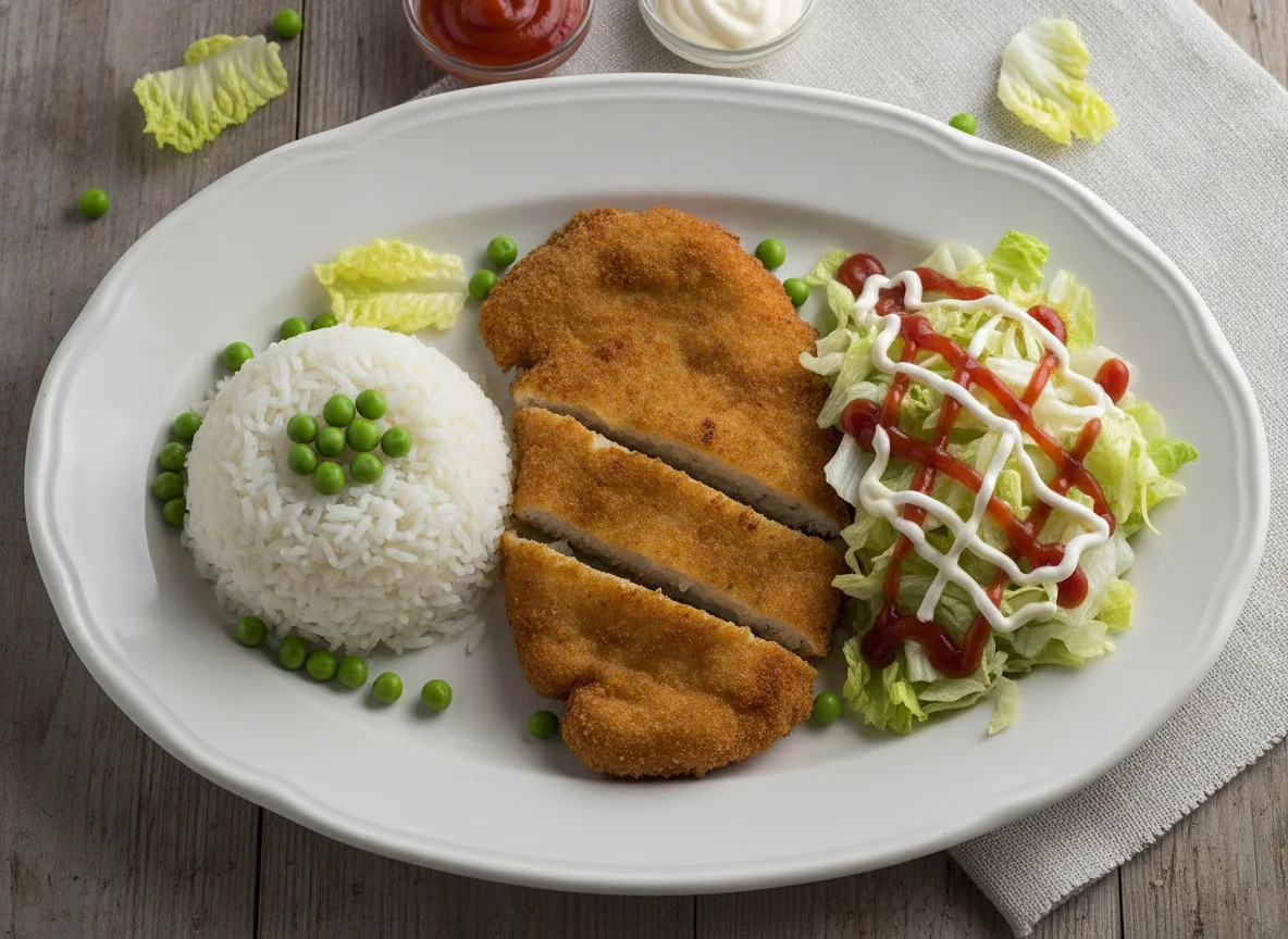 Schnitzel con arroz, guisantes y ensalada photo
