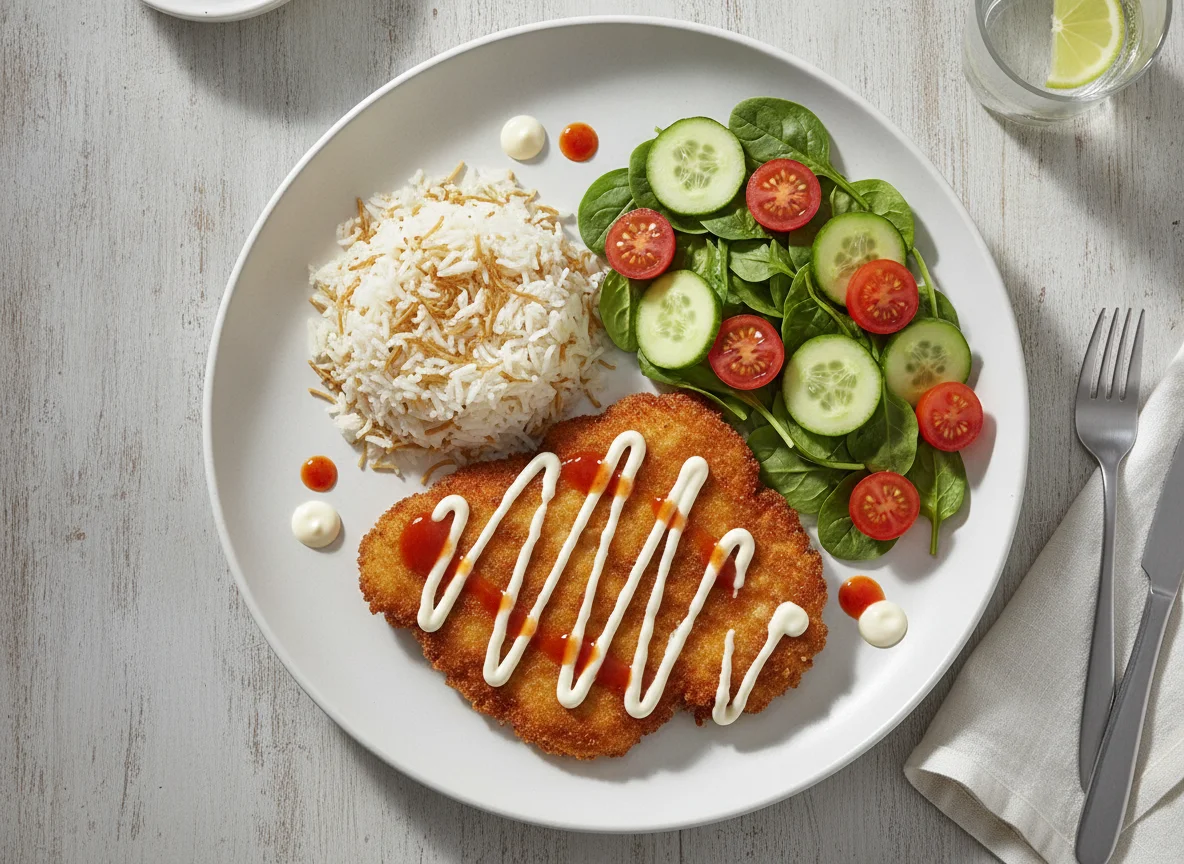 Schnitzel con arroz y ensalada photo
