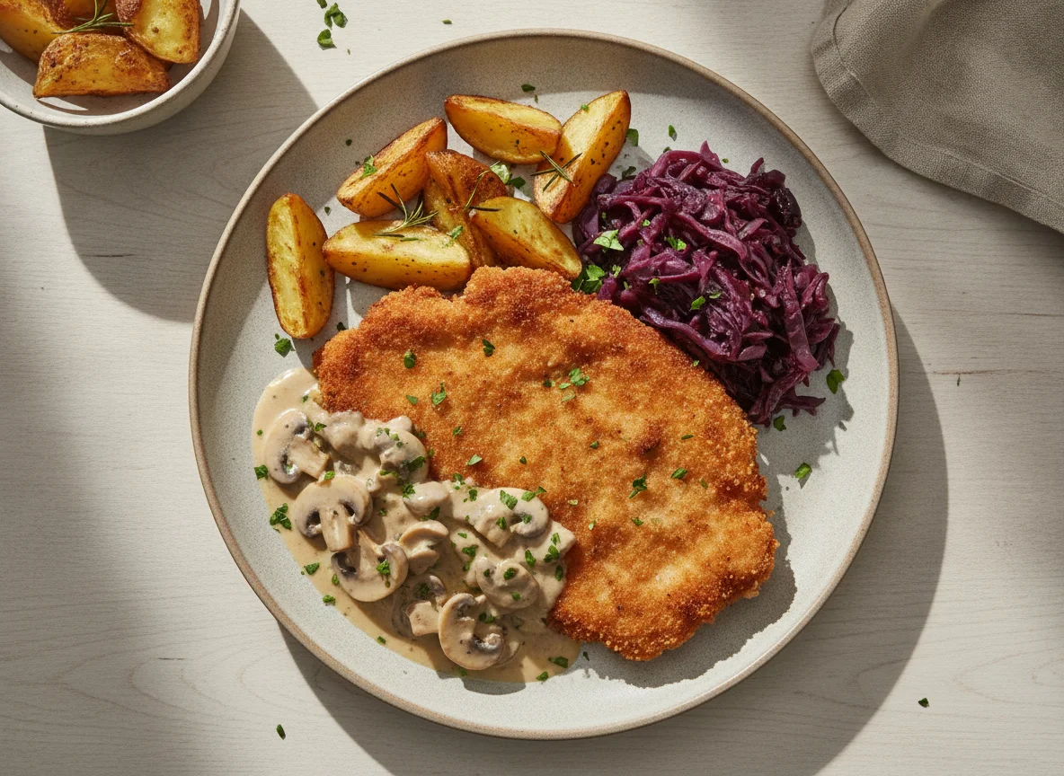 Schnitzel con patatas asadas, col lombarda y salsa de champiñones photo