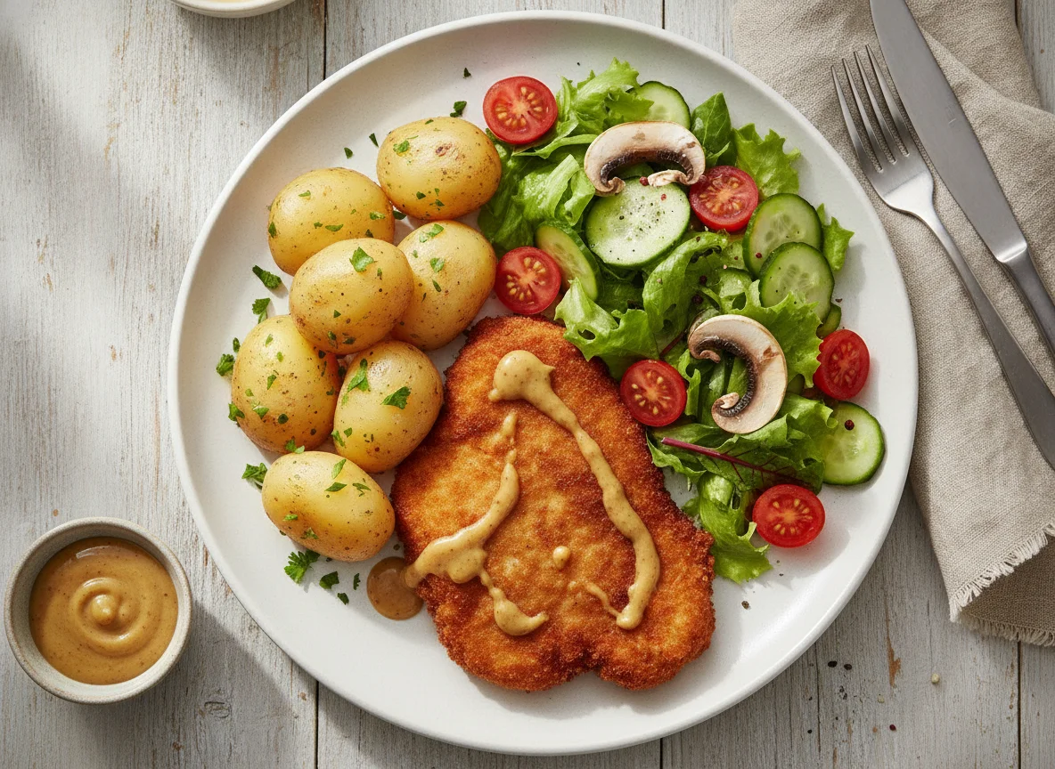 Schnitzel con patatas y ensalada photo
