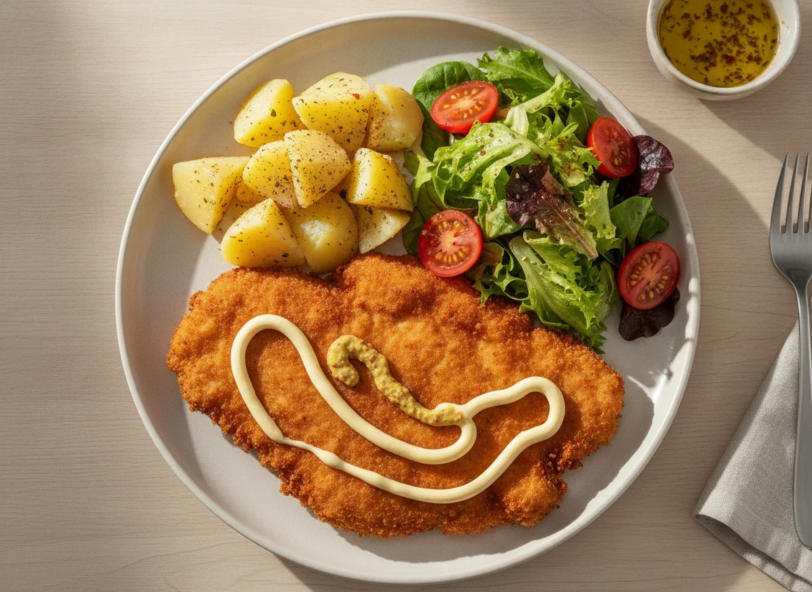 Schnitzel de pollo con ensalada y patata photo