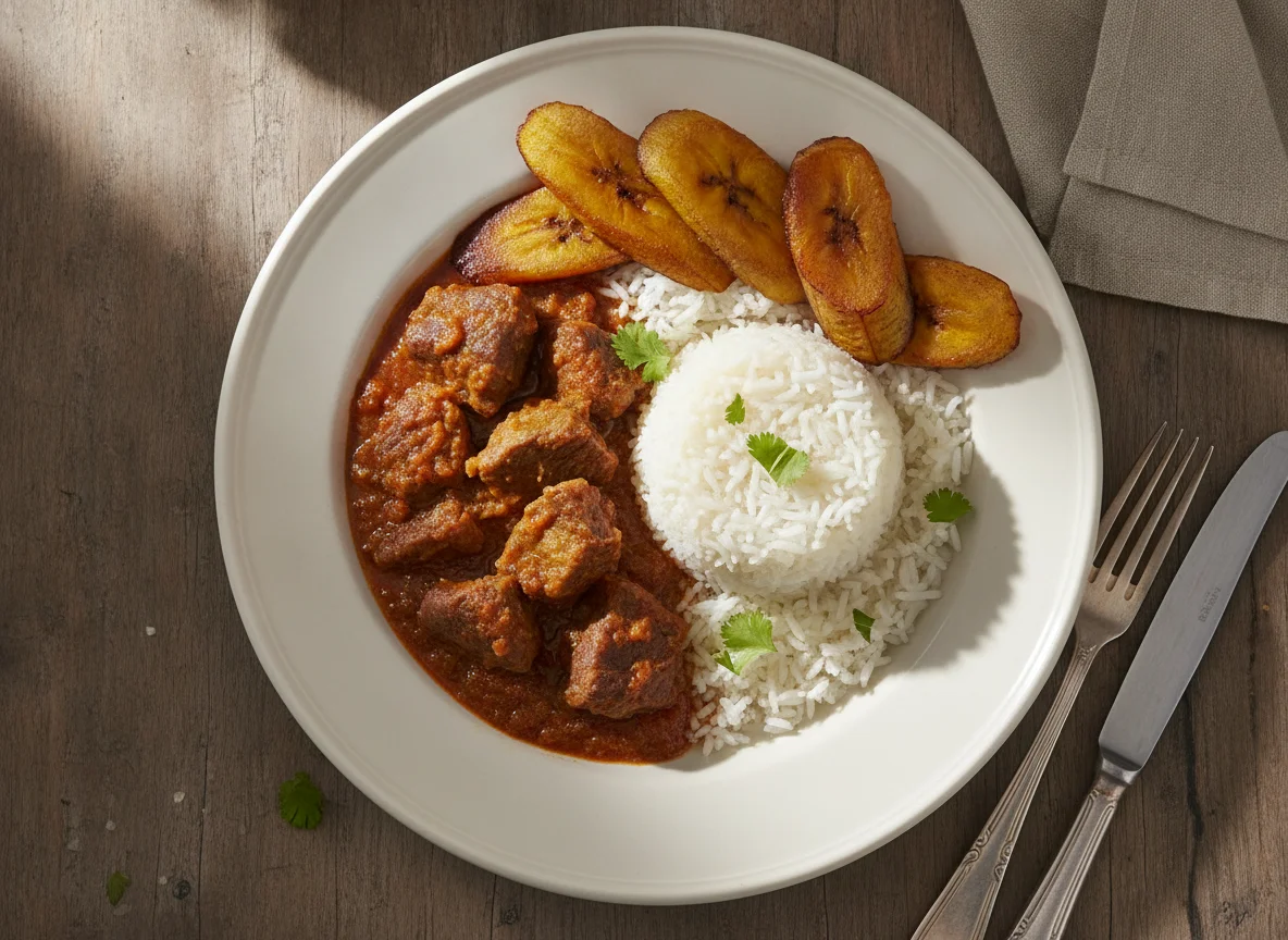 Seco de carne con arroz y maduro photo