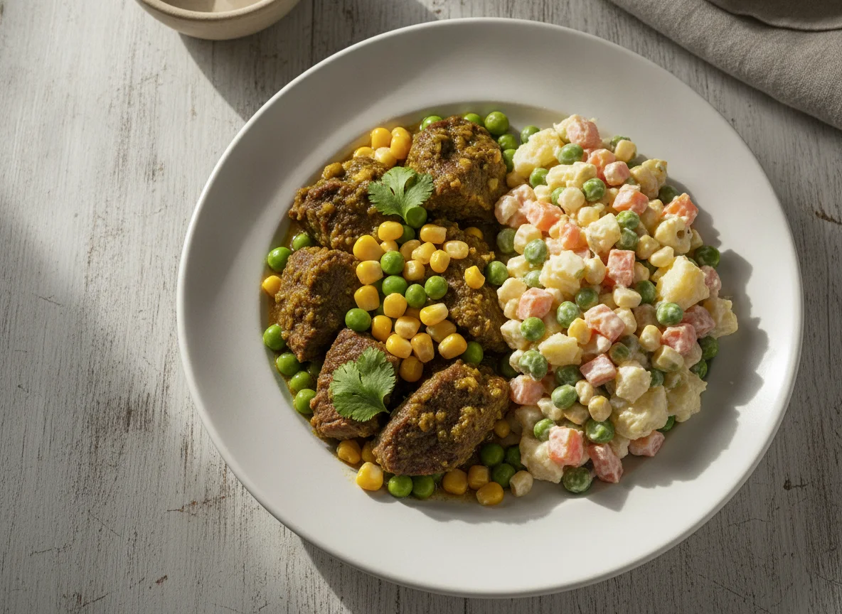 Seco de carne con ensalada rusa photo