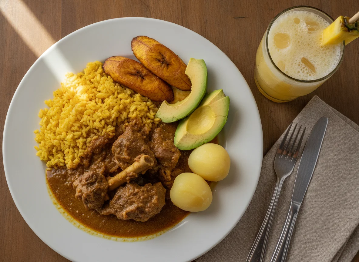 Seco de Chivo con Arroz y Jugo de Piña photo