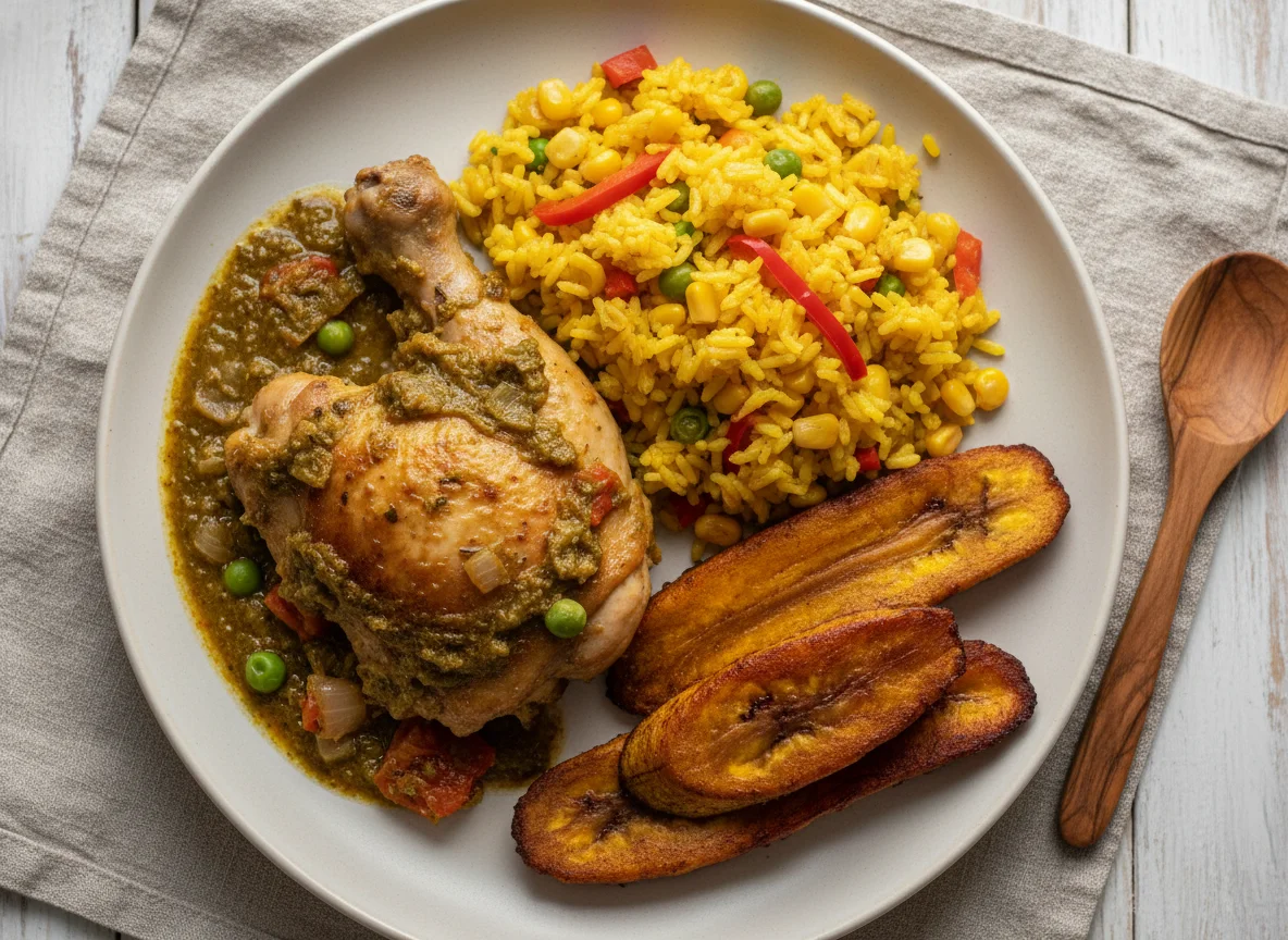Seco de Pollo con Arroz Amarillo y Plátano Maduro Frito photo