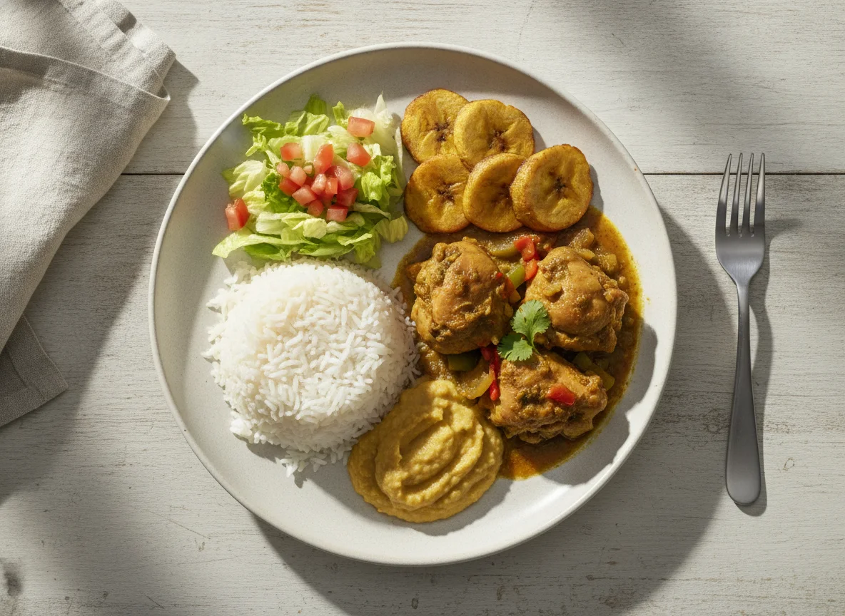 Seco de pollo con arroz, frijoles y plátano frito photo