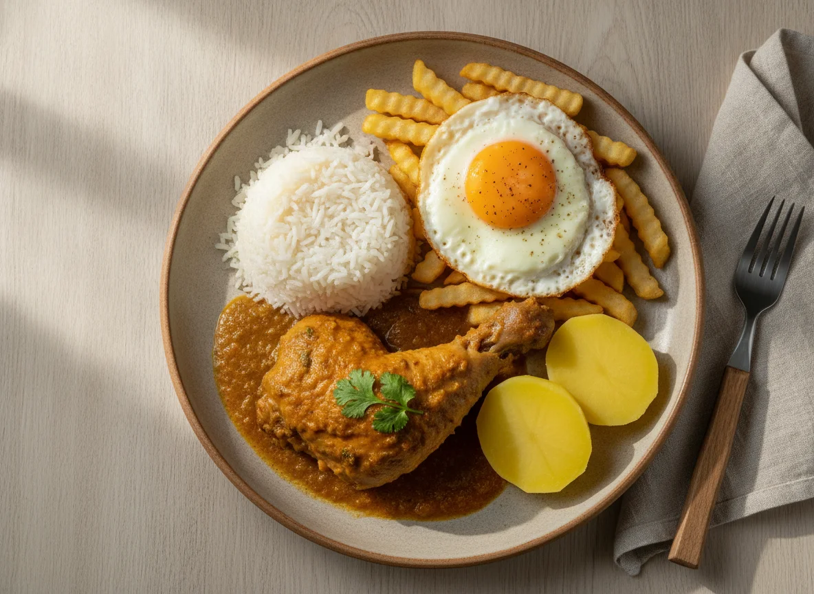 Seco de pollo con arroz, papas fritas y huevo photo