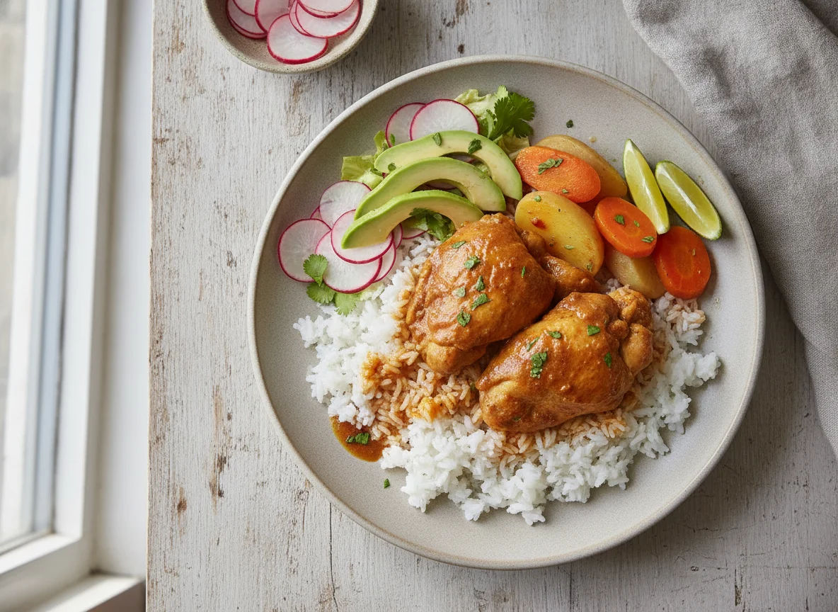 Seco de pollo con arroz, papas y ensalada de rábano photo