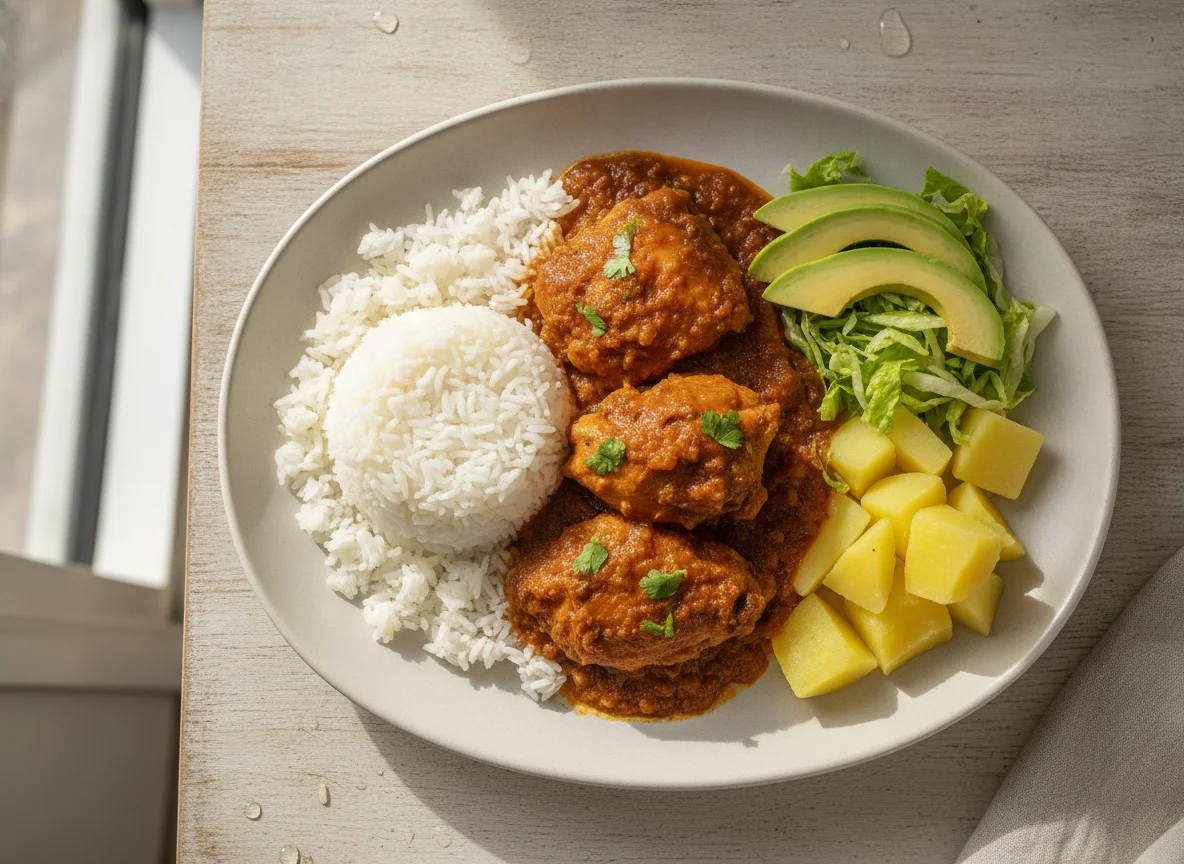 Seco de pollo con arroz y aguacate photo