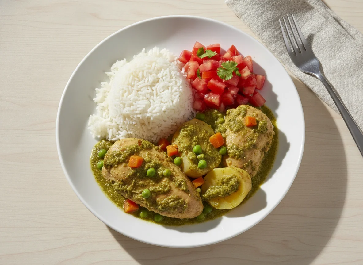 Seco de Pollo con Arroz y Ensalada de Tomate photo
