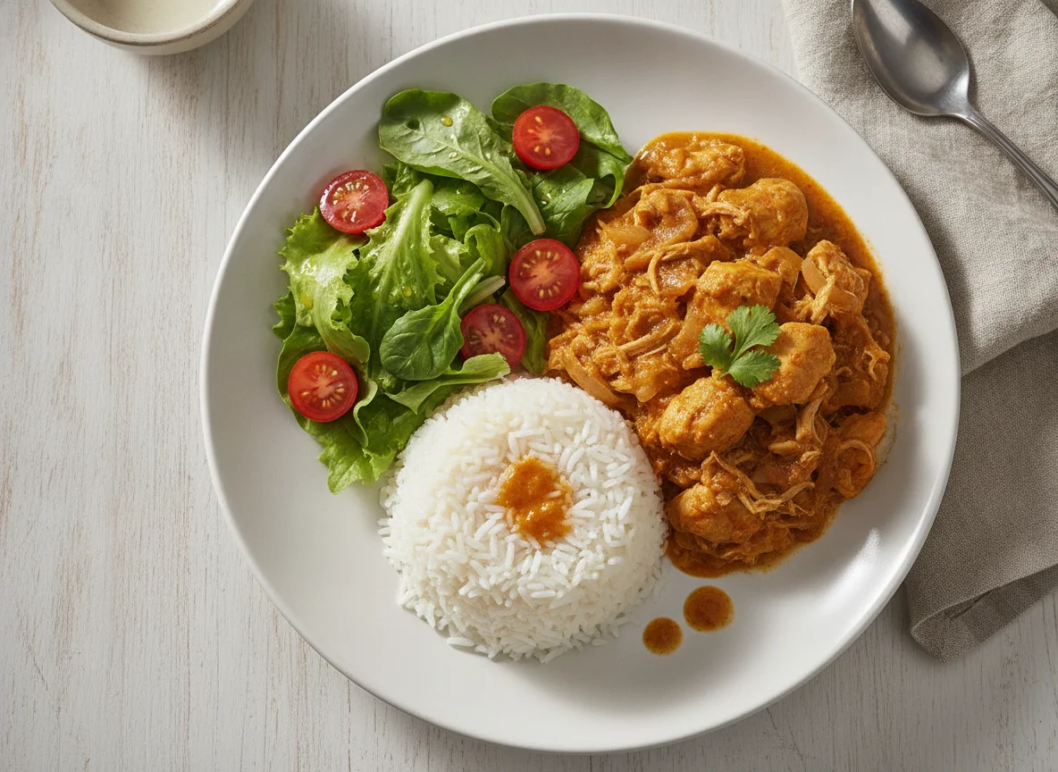 Seco de pollo con arroz y ensalada photo