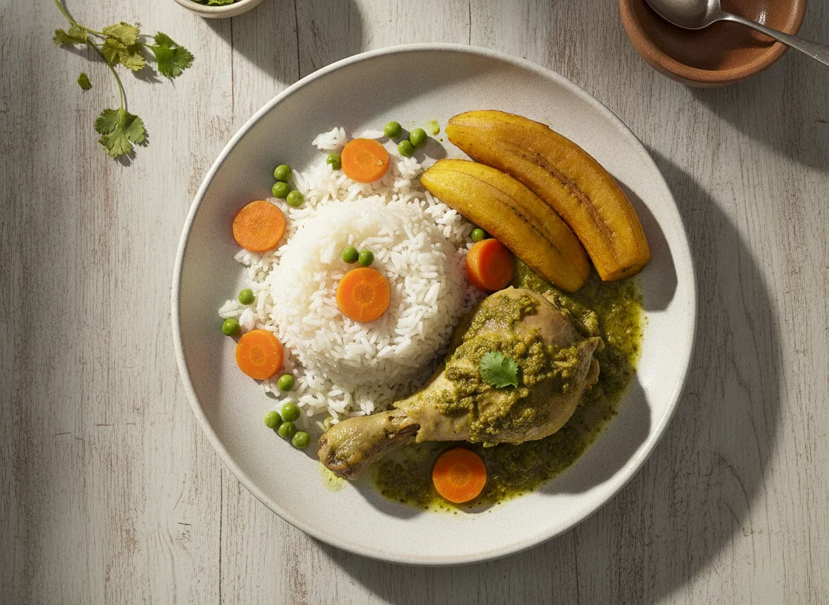 Seco de pollo con arroz y plátano sancochado photo