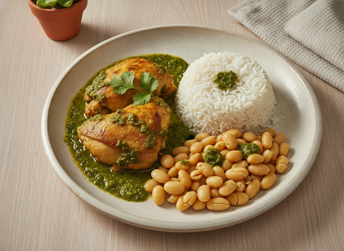Seco de pollo con frijoles y arroz photo