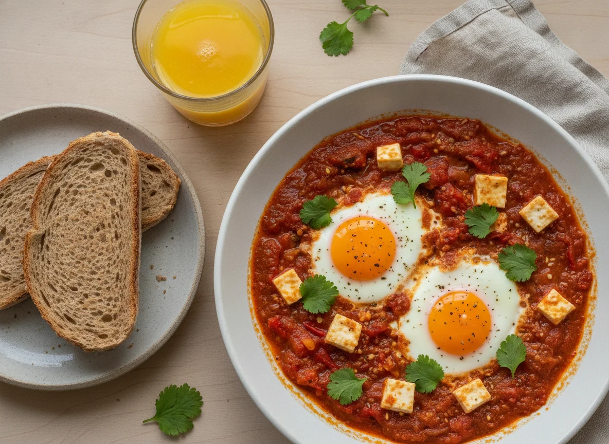 Shakshuka con huevos pochados y pan integral photo