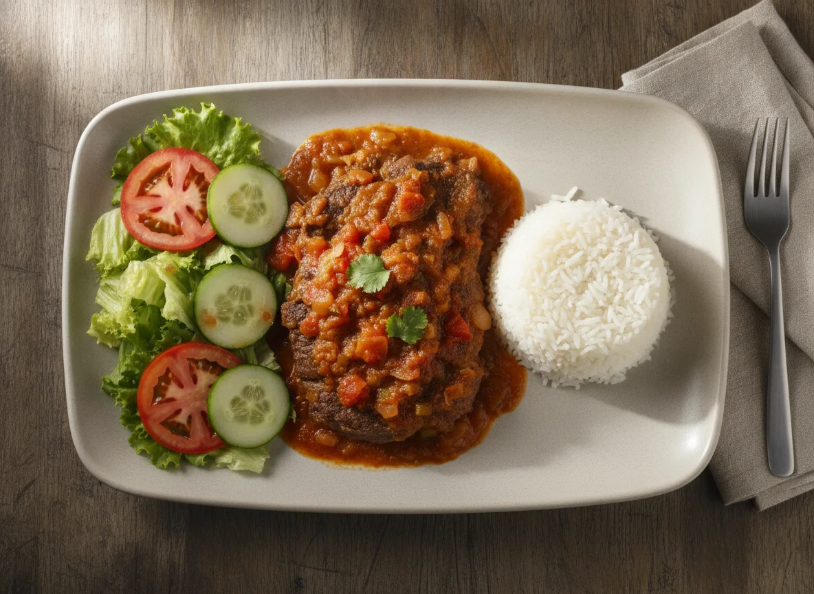 Sobrebarriga en salsa con arroz y ensalada photo