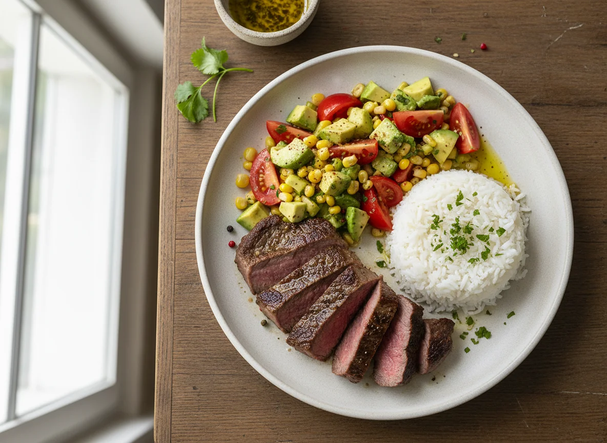 Solomillo con ensalada de aguacate y arroz photo