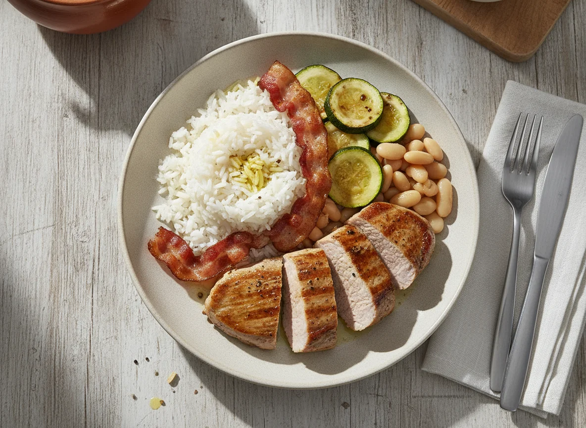 Solomillo de cerdo con arroz blanco, bacon y verduras photo
