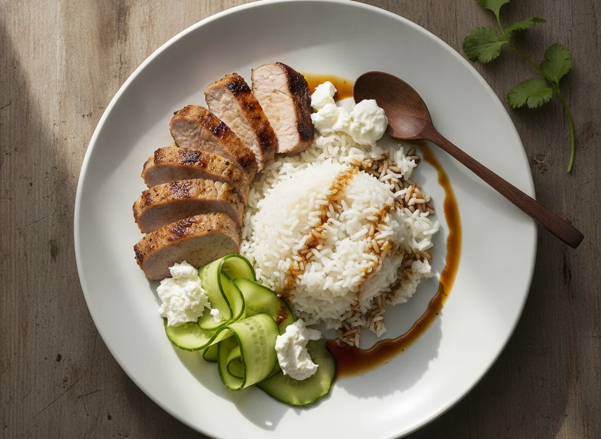 Solomillo de cerdo con arroz, pepino y queso crema photo