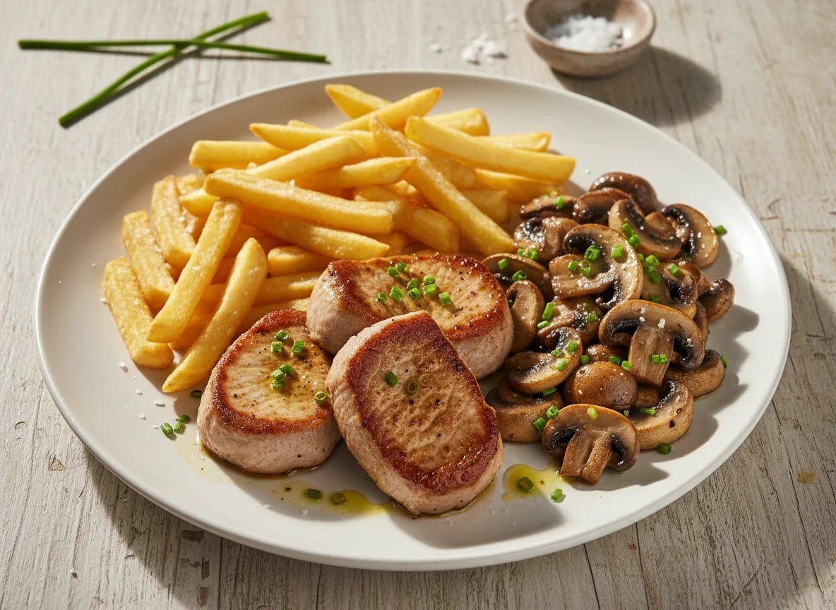 Solomillo de cerdo con patatas fritas y champiñones photo