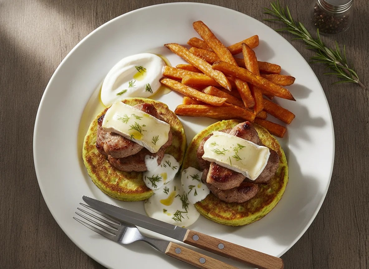 Solomillo de cerdo con queso brie sobre tortitas de calabacín y boniato frito photo