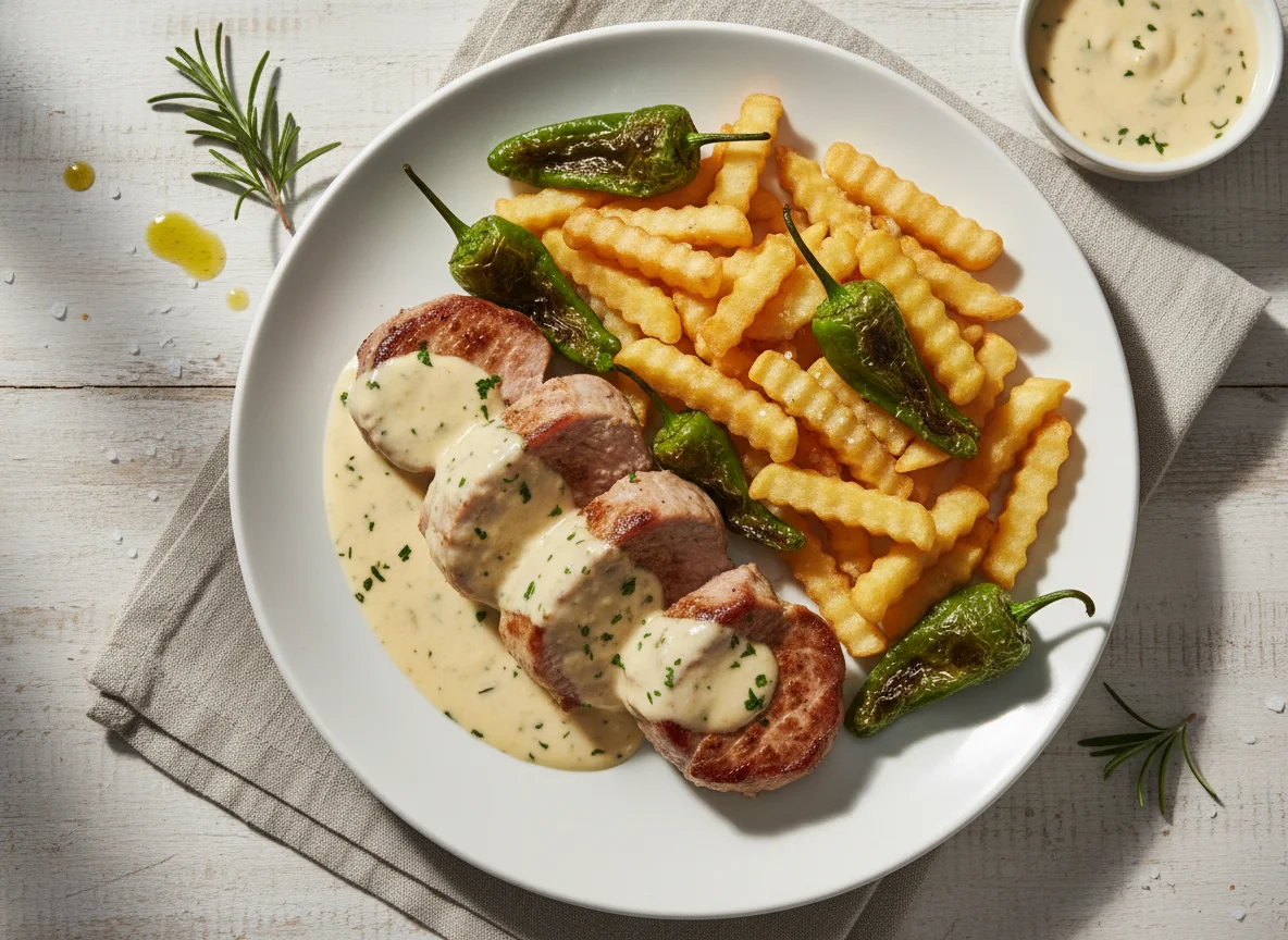 Solomillo de cerdo con salsa y patatas photo