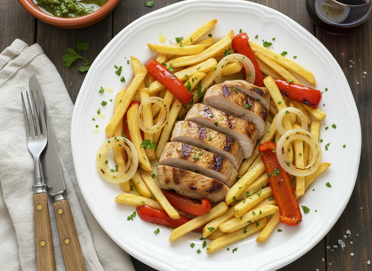Solomillo de pavo con patatas fritas y pimientos asados photo