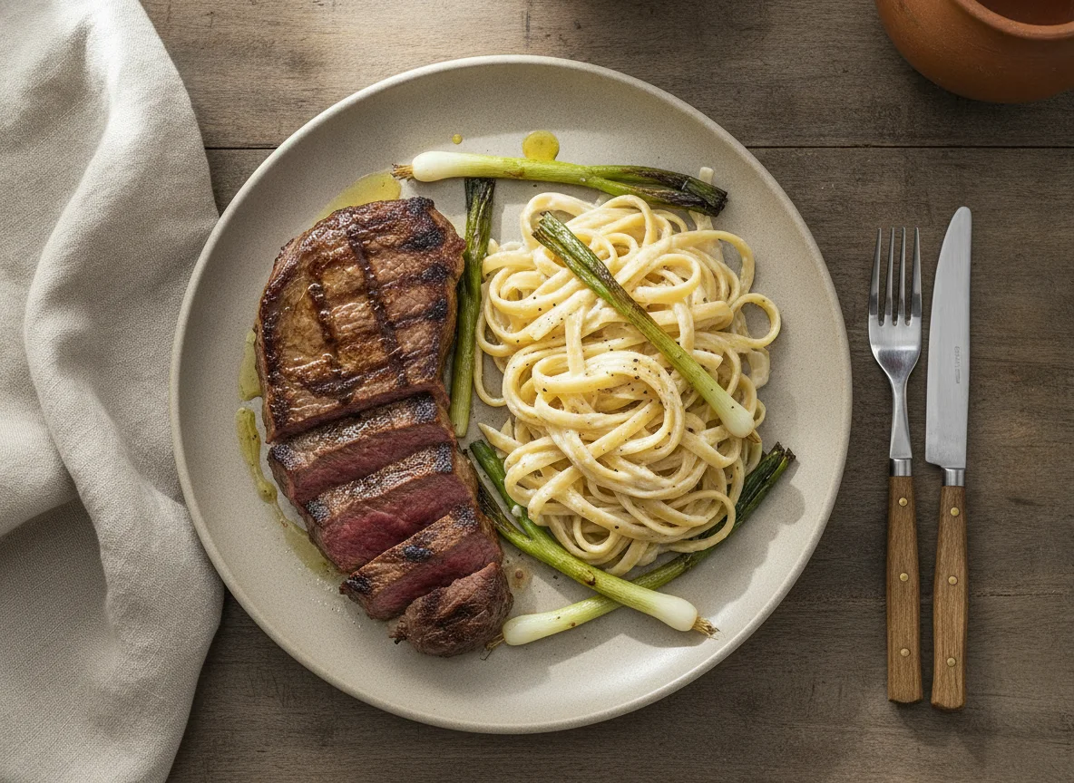 Solomillo de res con pasta fettuccine en salsa blanca y cebollín asado photo