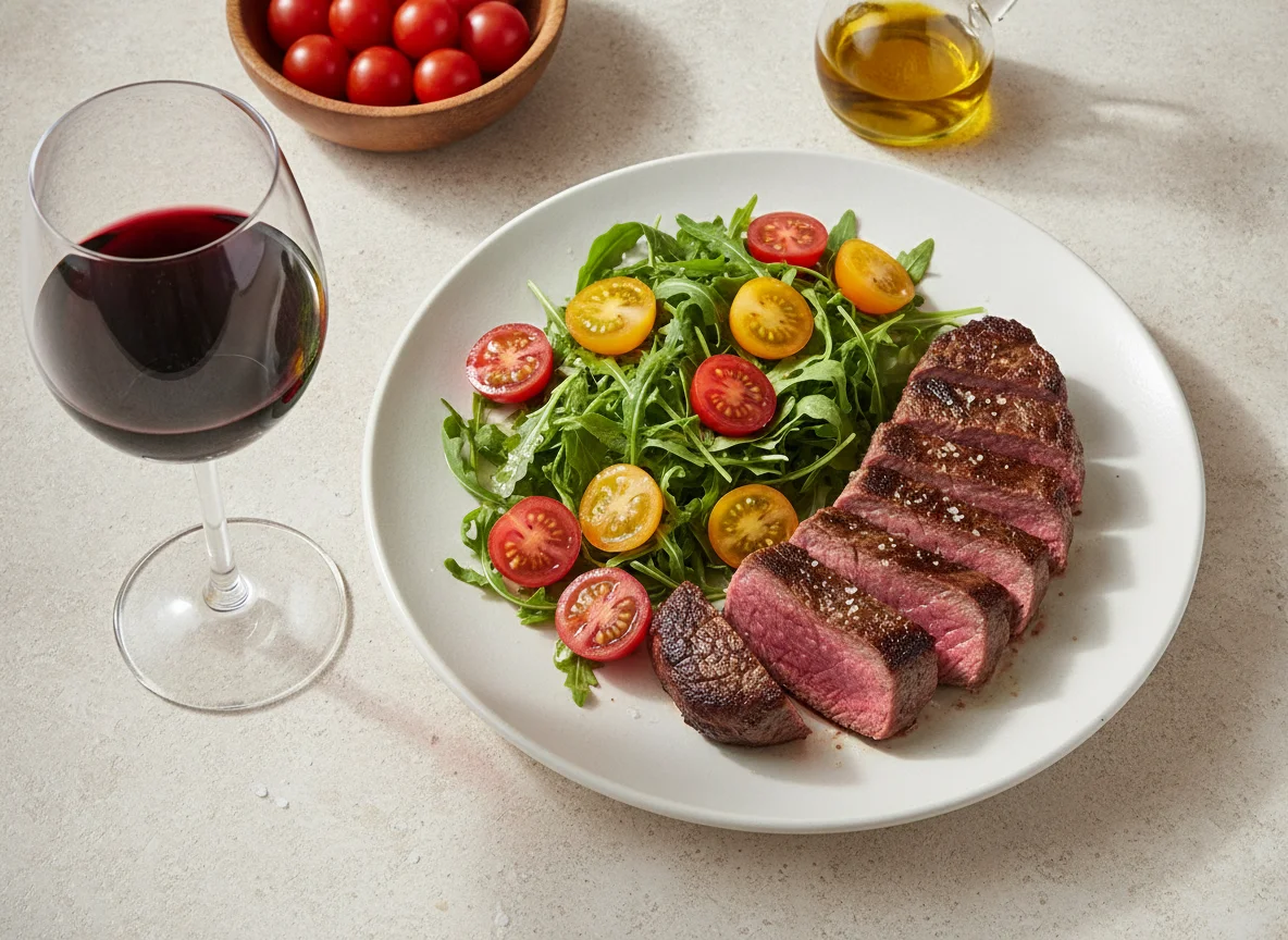 Solomillo de ternera con ensalada de rúcula y tomates cherry y vino tinto photo