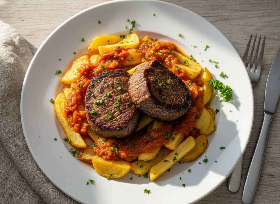 Solomillo de ternera con patatas y salsa photo