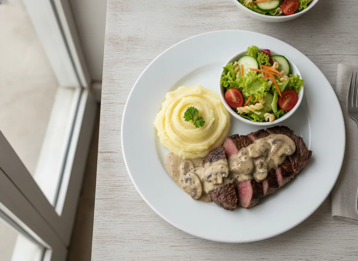 Solomillo en salsa de champiñones con puré de papa y ensalada photo