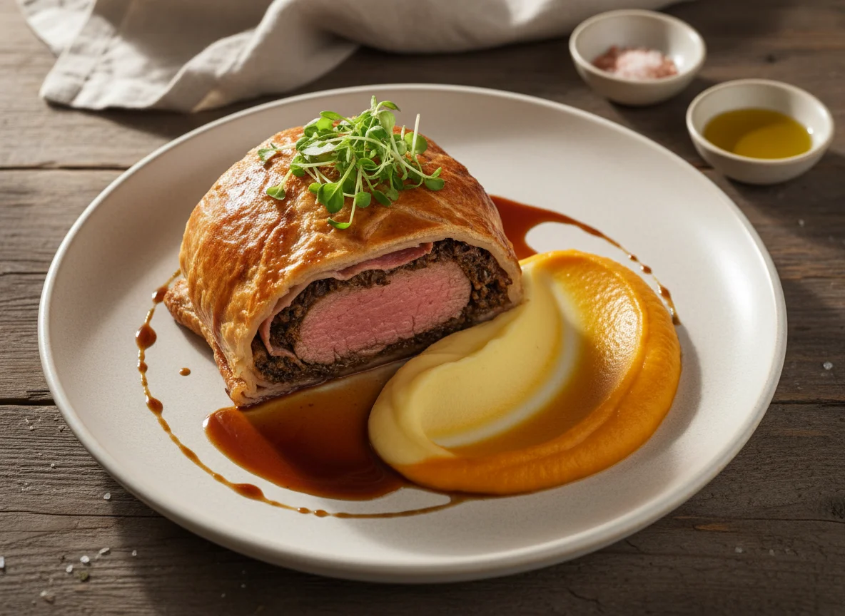 Solomillo Wellington con puré de patata y calabaza photo