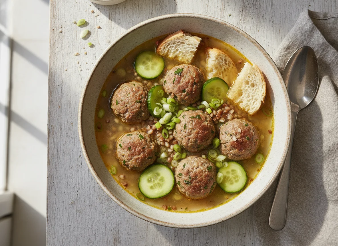Sopa con albóndigas, trigo sarraceno y pepino photo