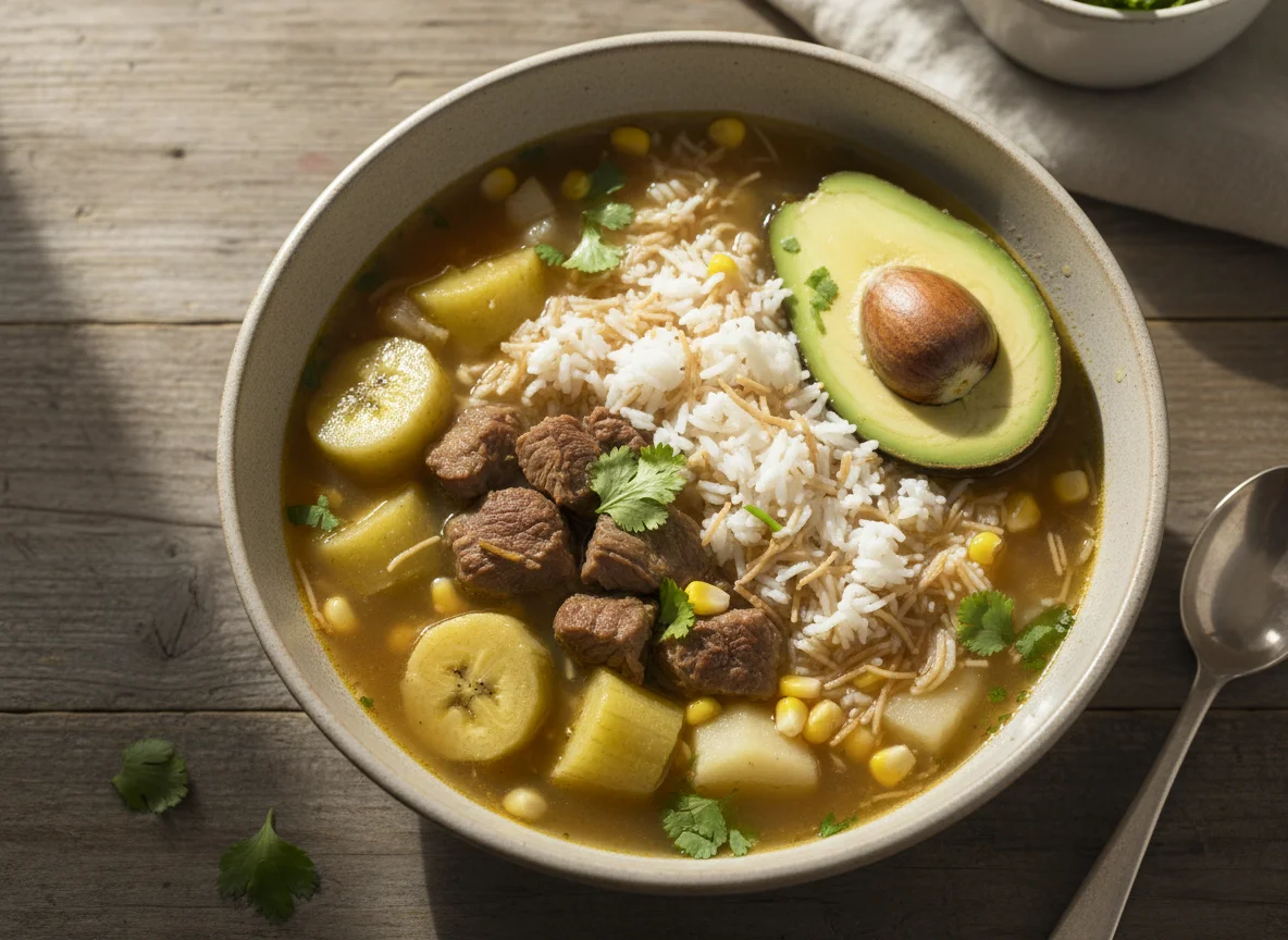 Sopa con arroz y aguacate photo