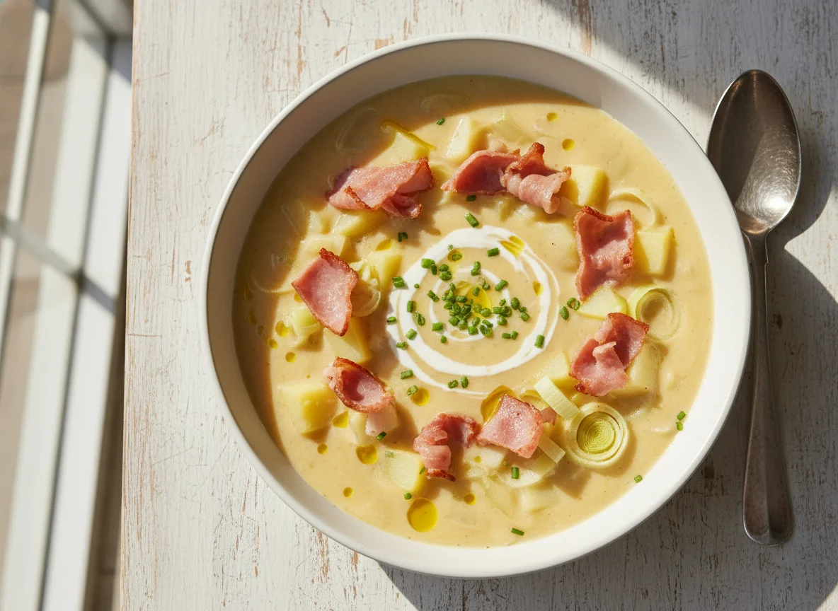 Sopa cremosa con verduras y jamón photo