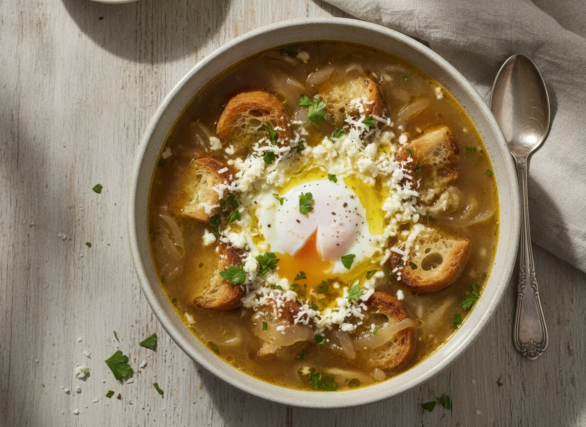 Sopa de ajo con pan y queso photo