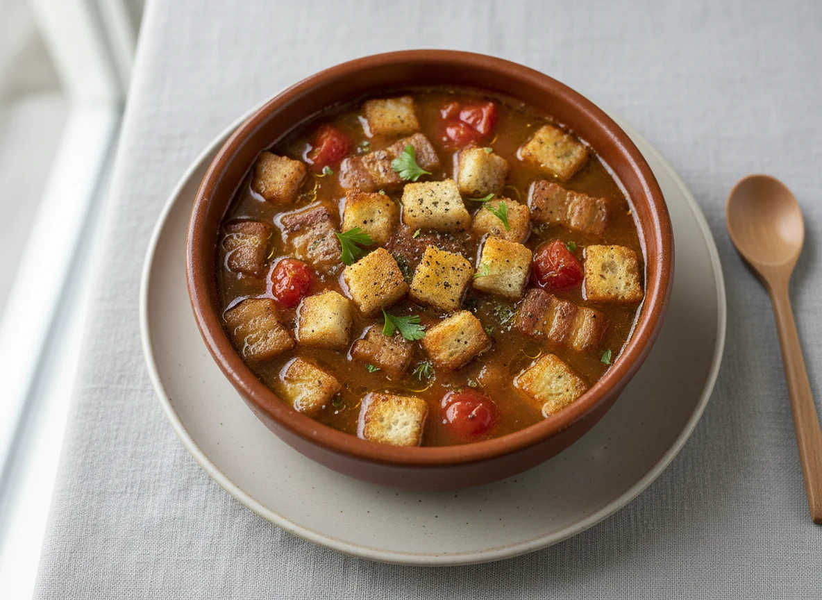 Sopa de ajo con picatostes, tomate y carne de cerdo photo