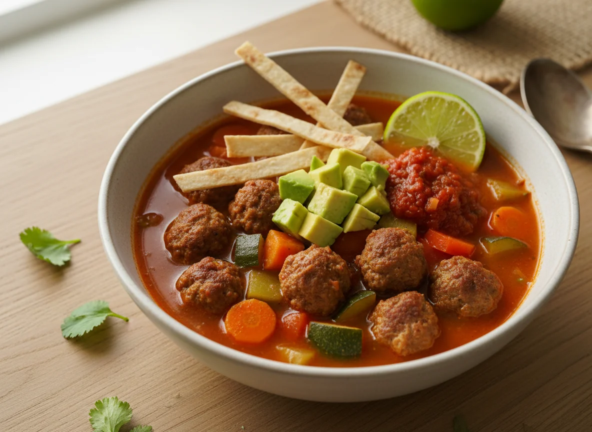 Sopa de albóndigas con tortilla y aguacate photo