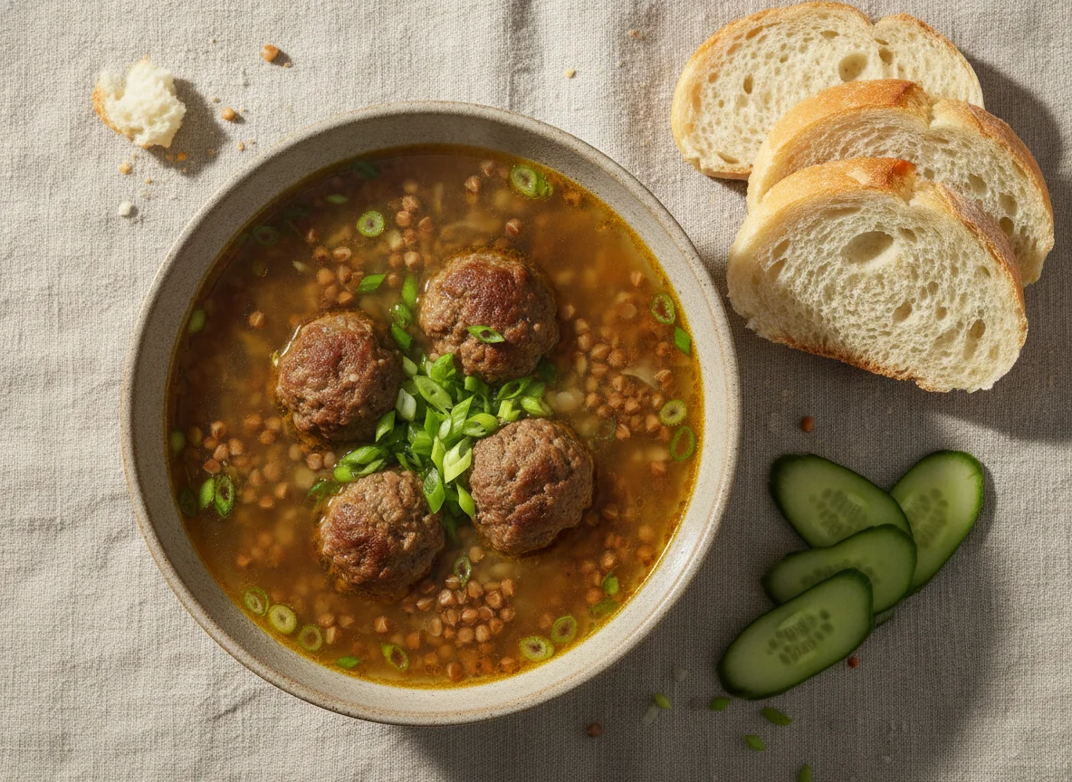 Sopa de albóndigas con trigo sarraceno, pan y pepino photo