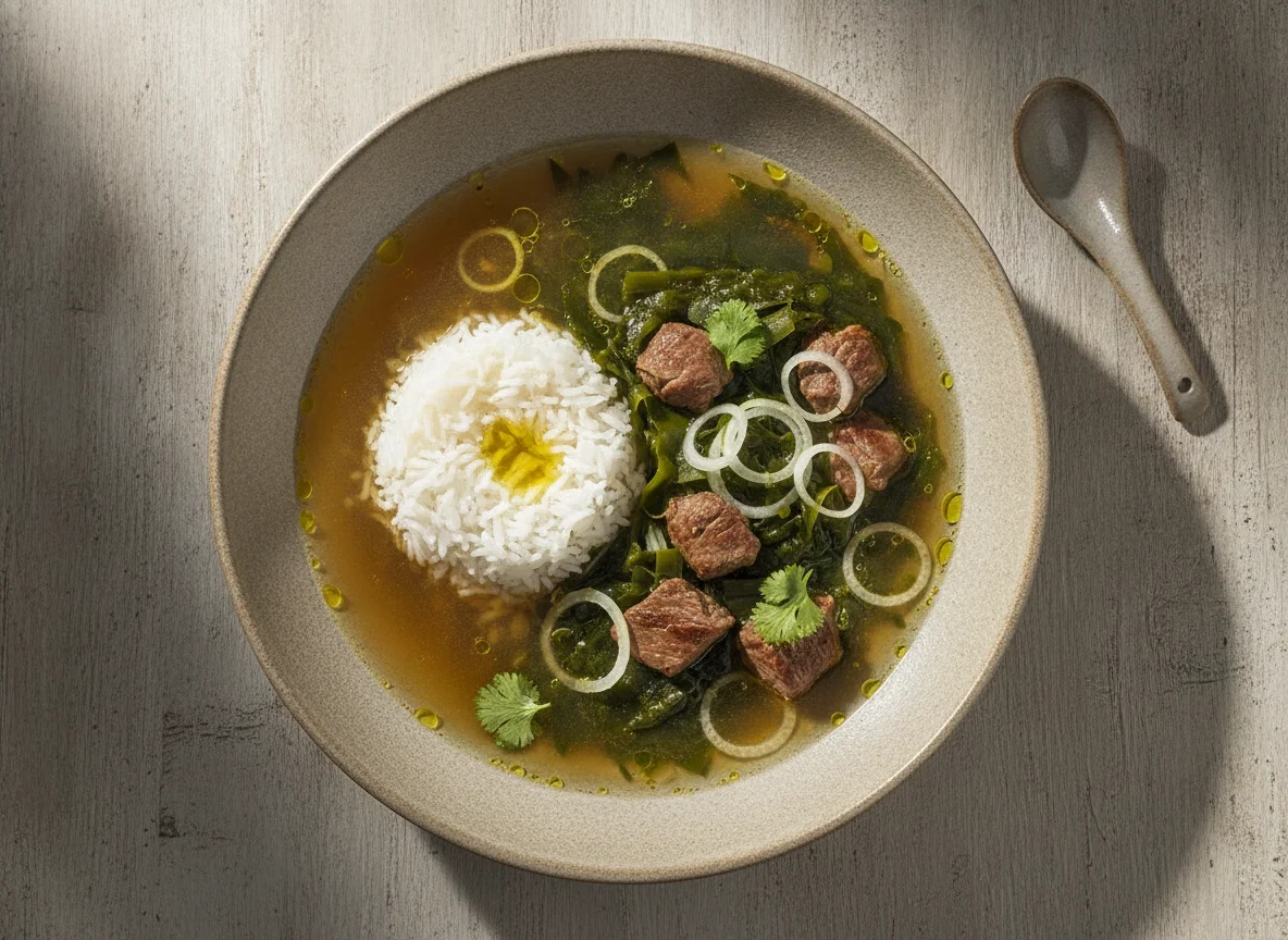Sopa de algas con carne de res y arroz photo