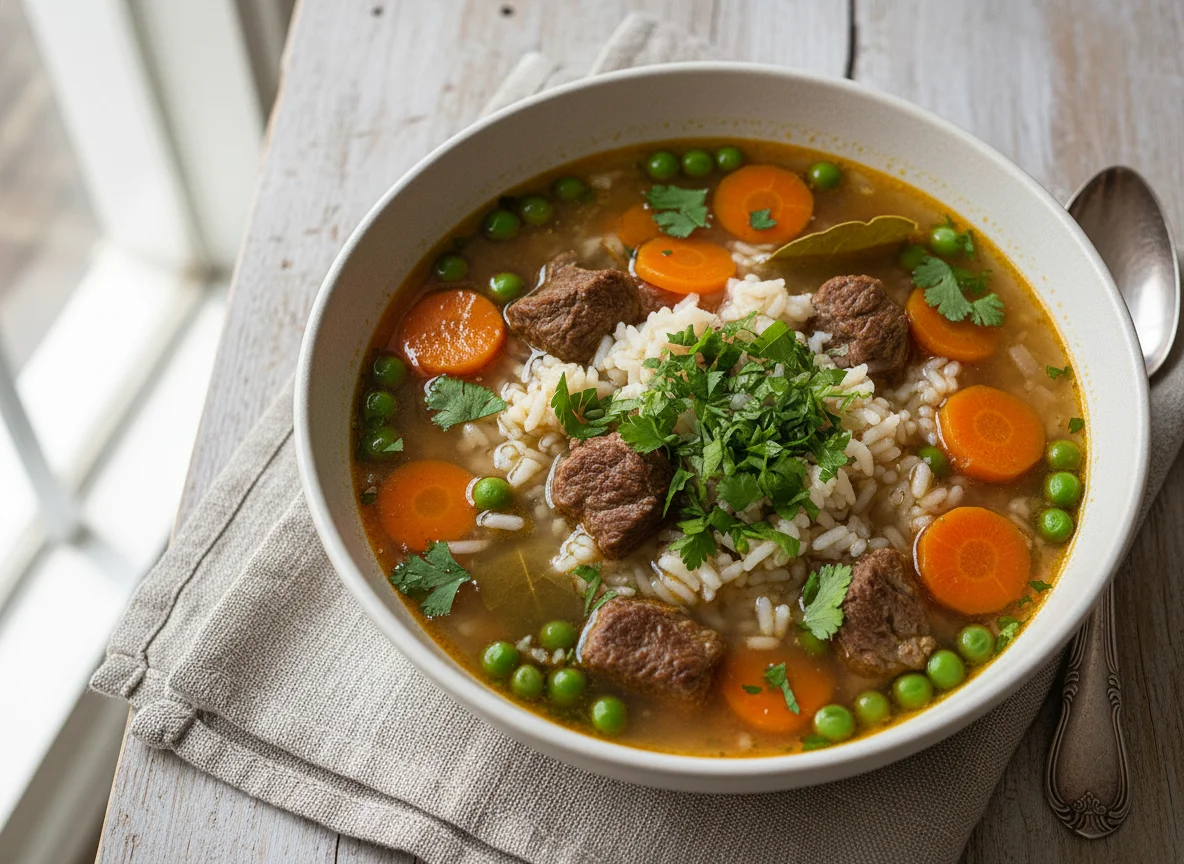 Sopa de arroz con carne y vegetales photo
