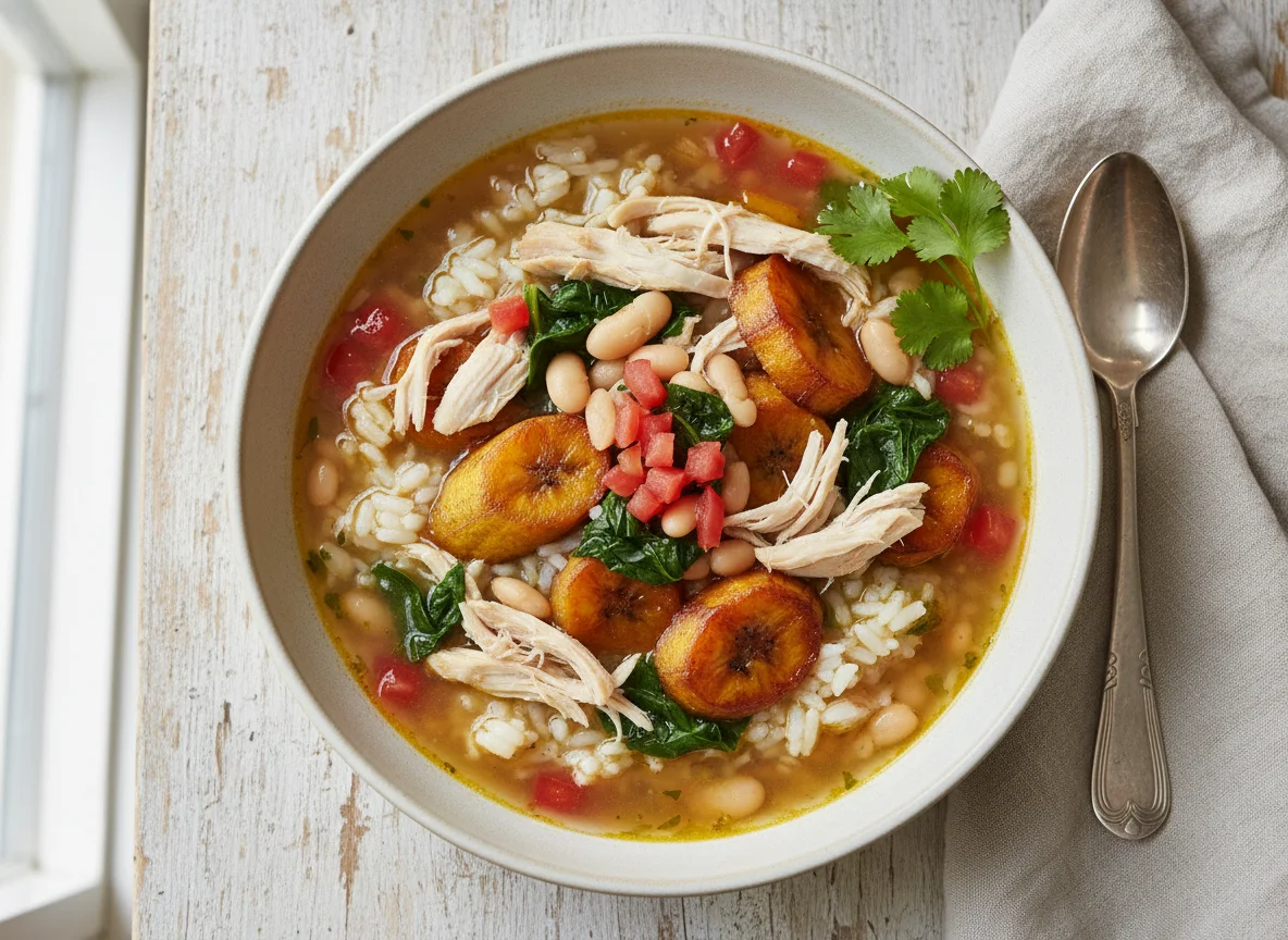 Sopa de arroz con plátano maduro photo