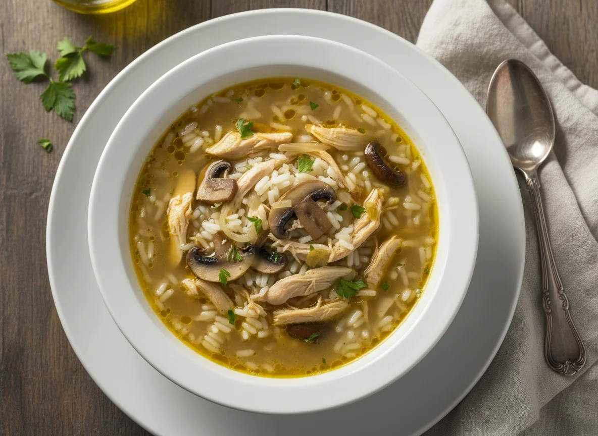 Sopa de arroz con pollo y champiñones photo