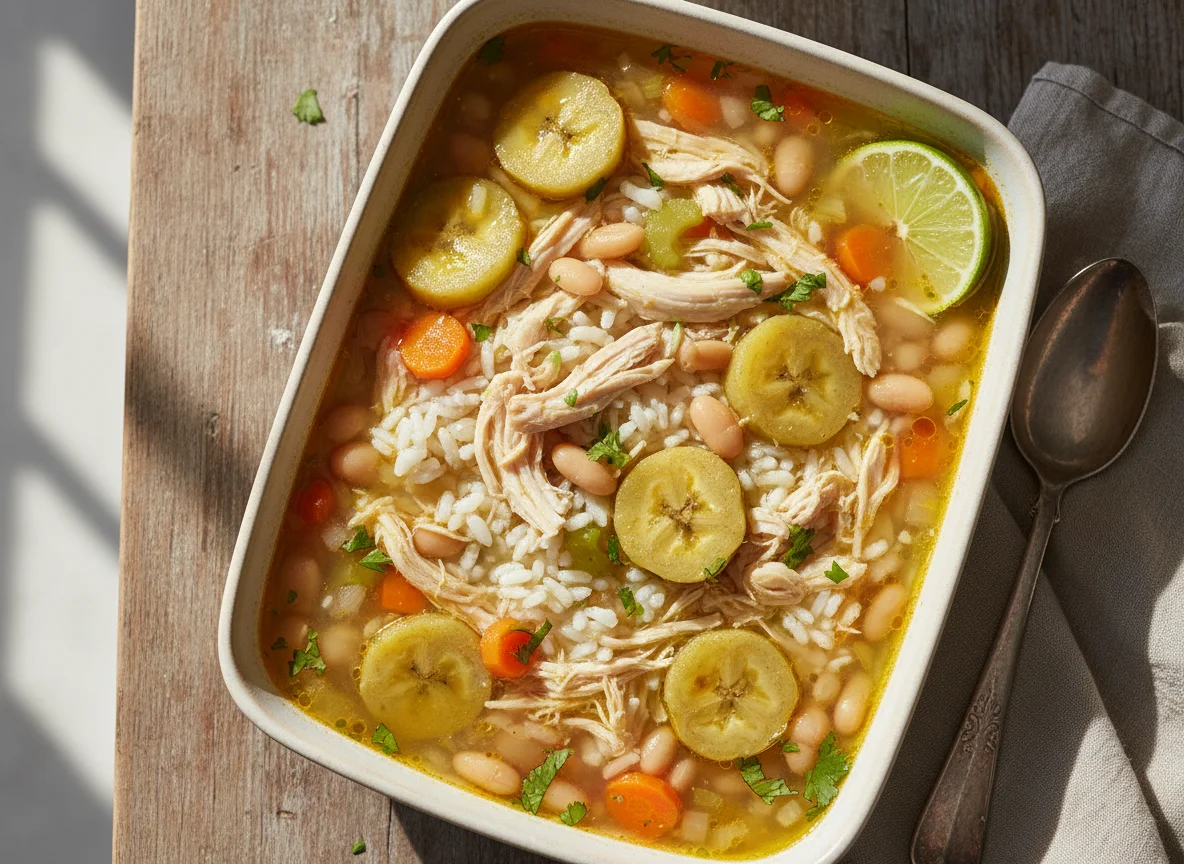 Sopa de arroz con pollo y plátano photo